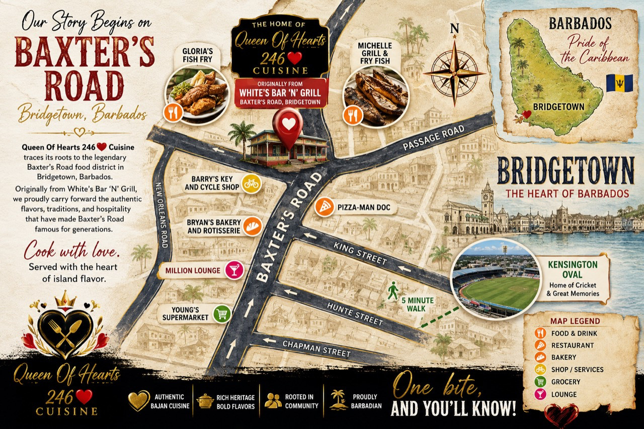 Illustrated heritage map of Baxter&rsquo;s Road in Bridgetown, Barbados, showing the roots of Queen Of Hearts 246 Cuisine and White&rsquo;s Bar &lsquo;N&rsquo; Grill.