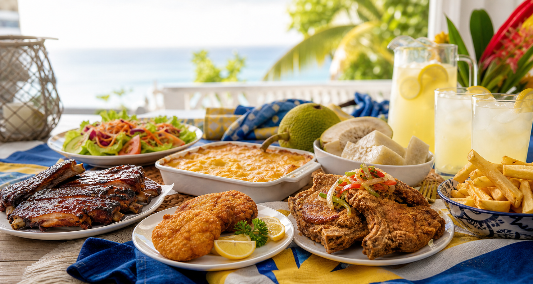 A spread of Caribbean food with ribs, fried pork chops, macaroni pie, breadfruit, salad, fries, and lemonade